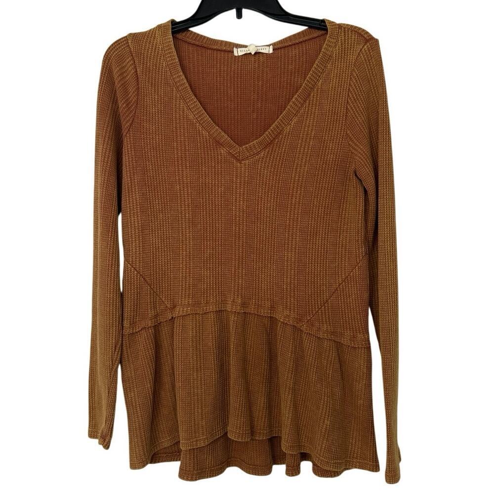 Guilded Intent Buckle Cotton Blend Brown Waffle Knit V Neck Peplum Hem Top New S